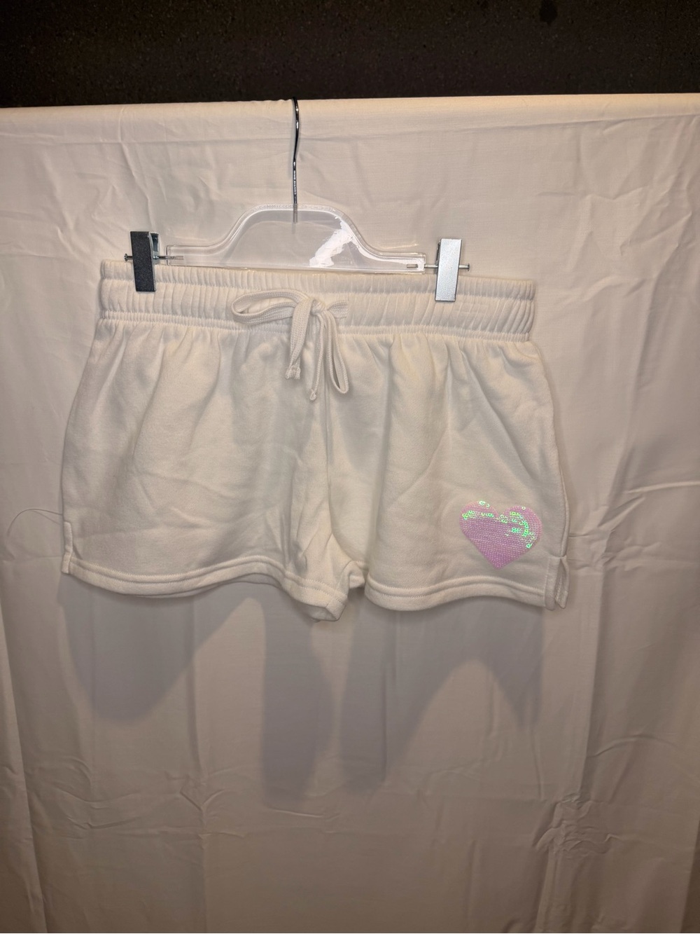 Cream Athletic Lounge Shorts with Iridescent Pink Heart